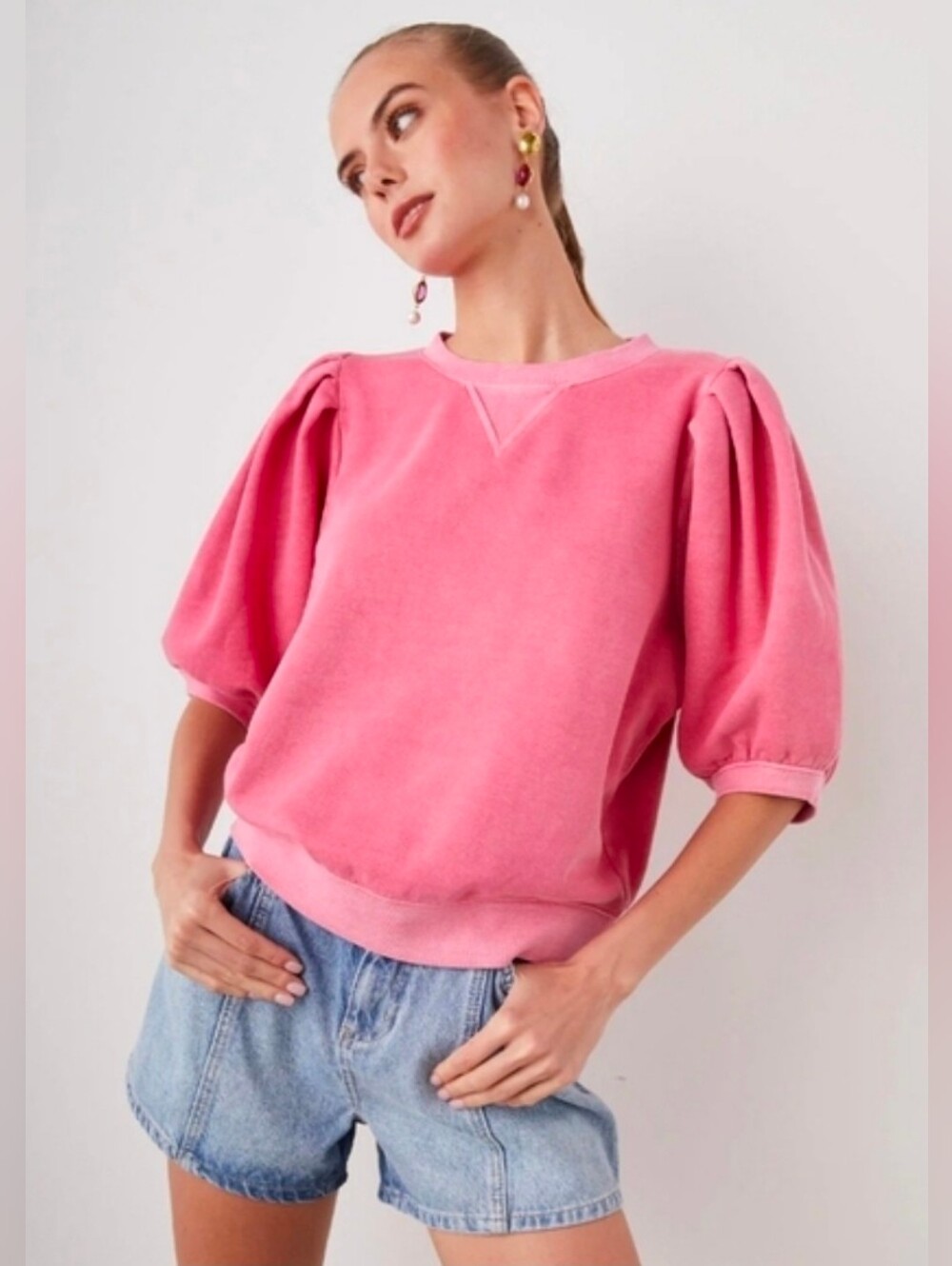 Rails Camy Pleated Puff Sleeve Cotton Sweatshirt in Hibiscus